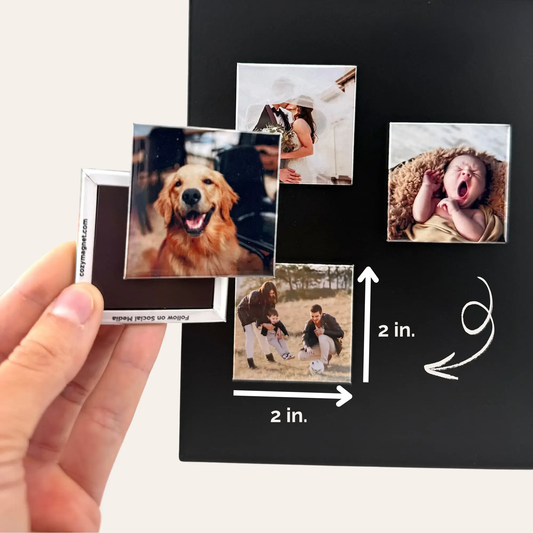 Personalized 2x2 photo magnets displayed on a fridge — custom keepsakes