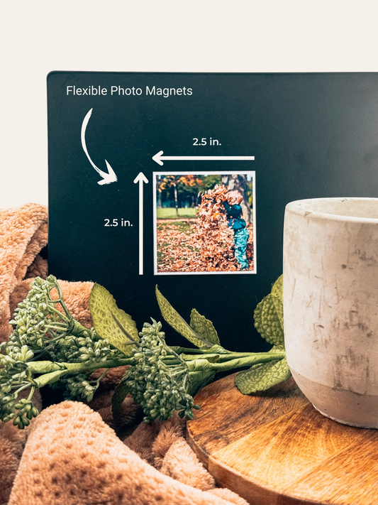 Personalized photo magnet on a warm colored background, showcasing vibrant printing and modern design