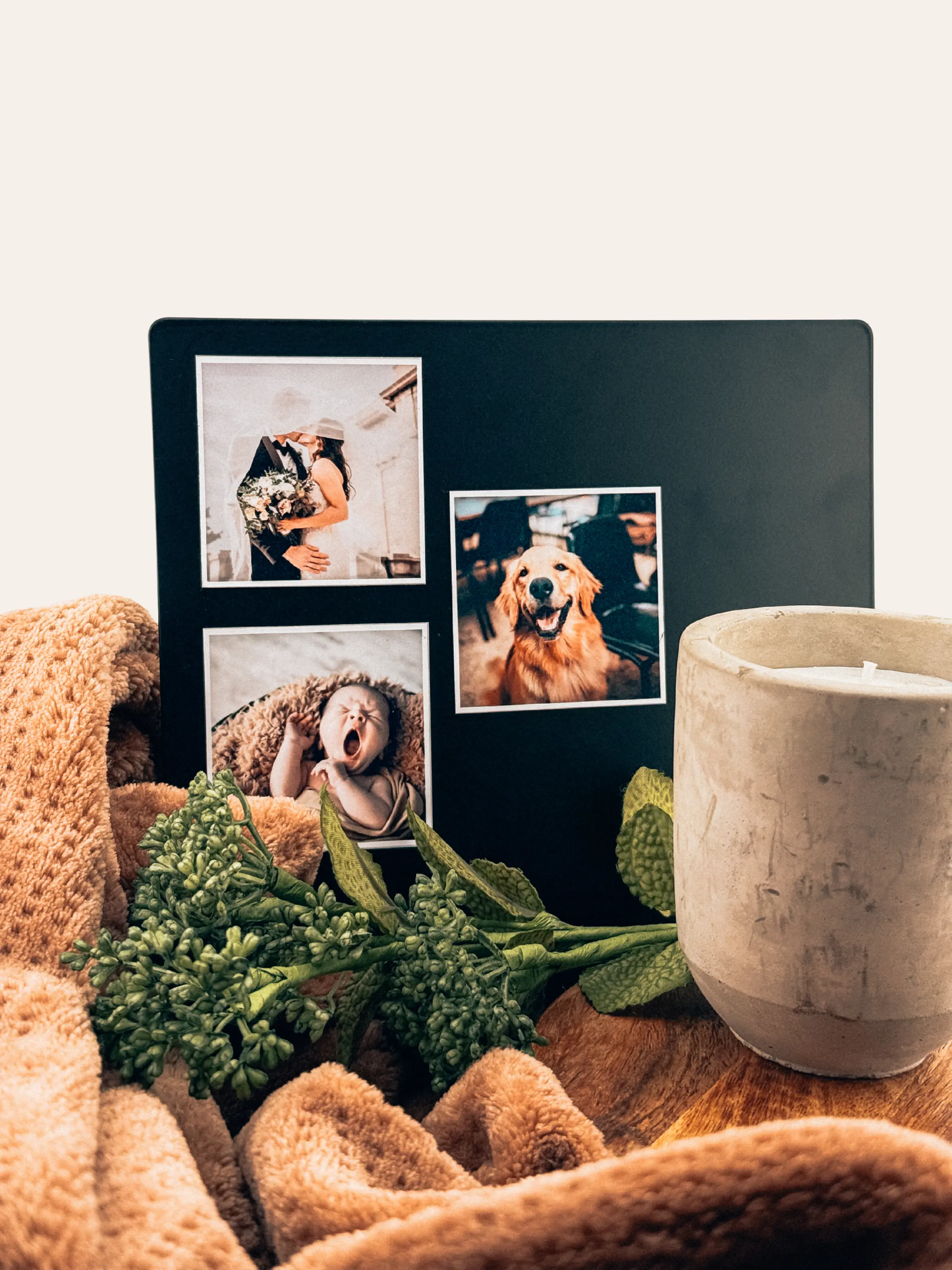 Personalized photo magnet on a warm colored background, showcasing vibrant printing and modern design
