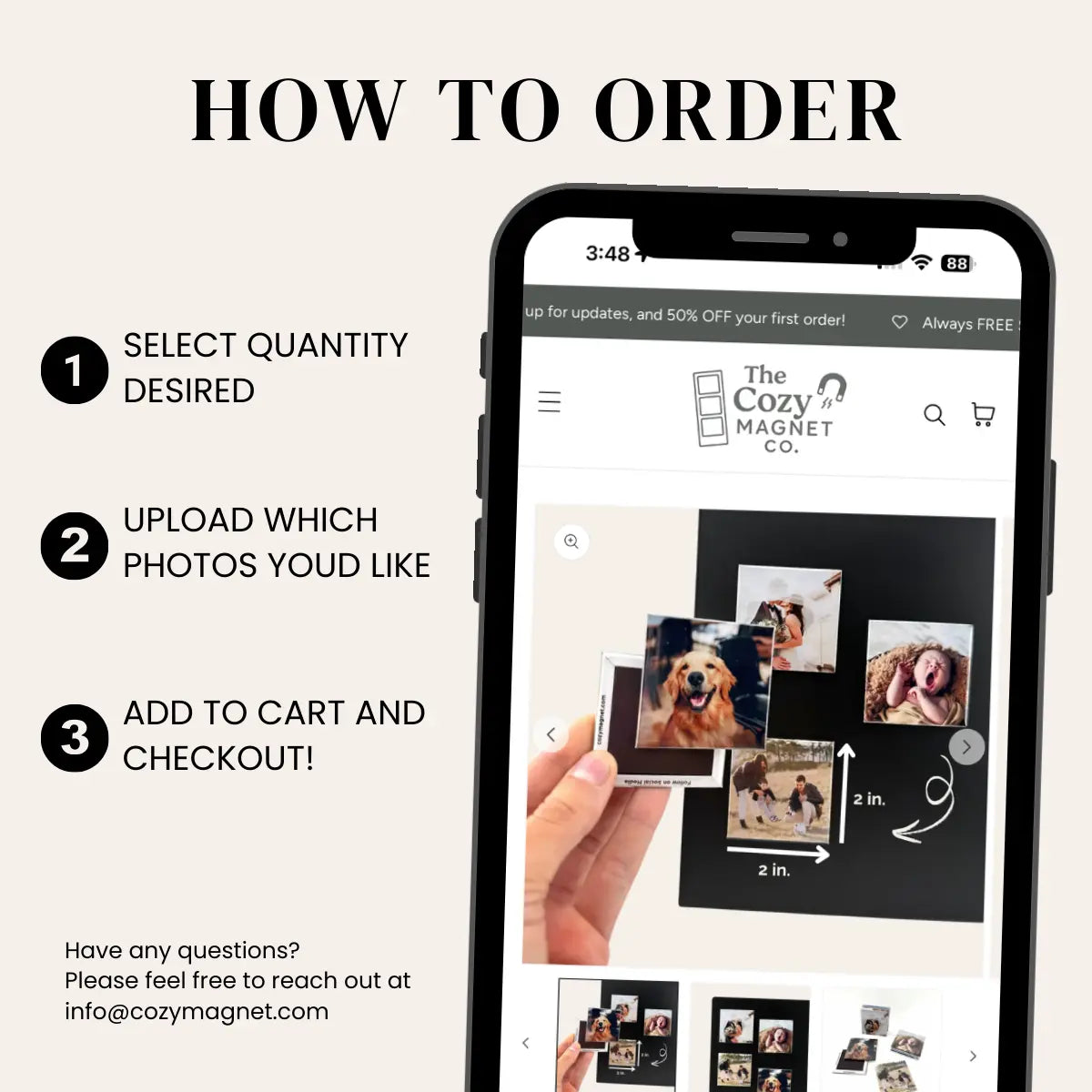 Phone screen showing a product ordering process for 'The Cozy Magnet Co.' with text on how to order.