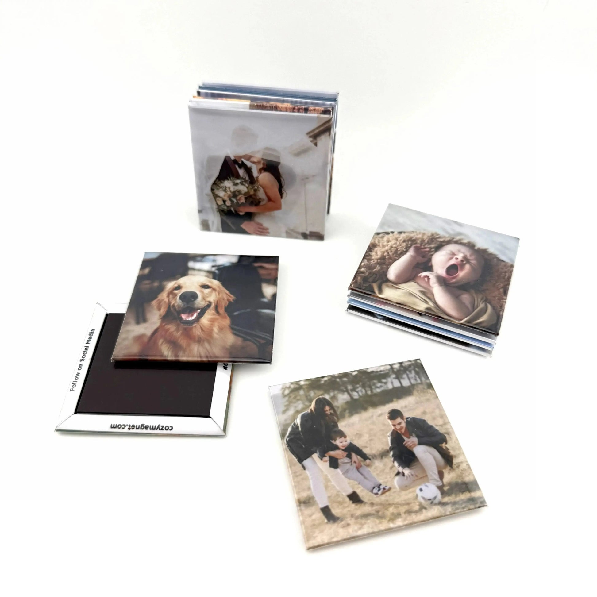Collection of custom 2x2 photo magnets featuring family pictures, pets, and special moments — personalized fridge décor